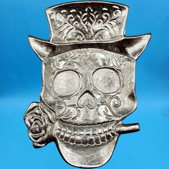 Halloween Skull Silver Cast Metal Dish Top Hat Gothic Rose Serving Dish 9" Candy - Picture 3 of 9